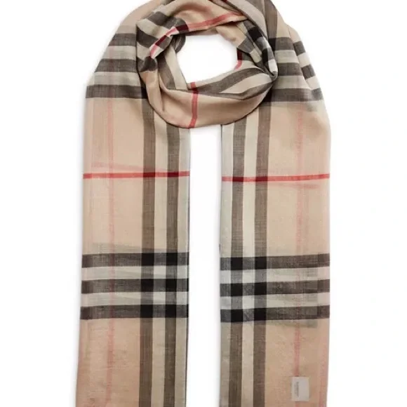Burberry Giant Check Wool Silk Scarf Beige Nova Check Fringe - Picture 7 of 10